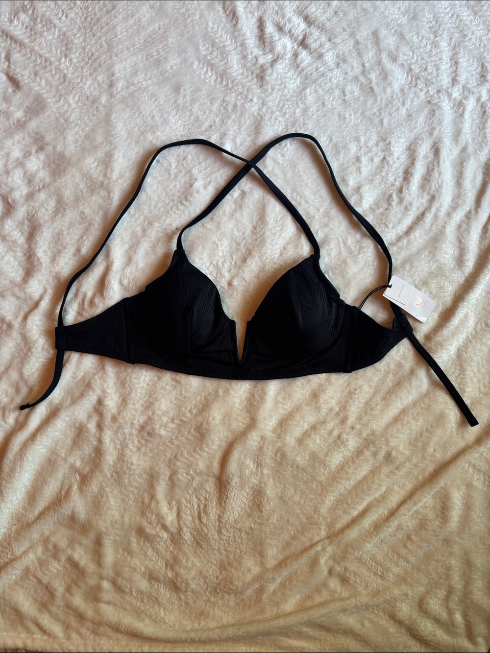 Black Ribbed V-Plunge Bikini Top